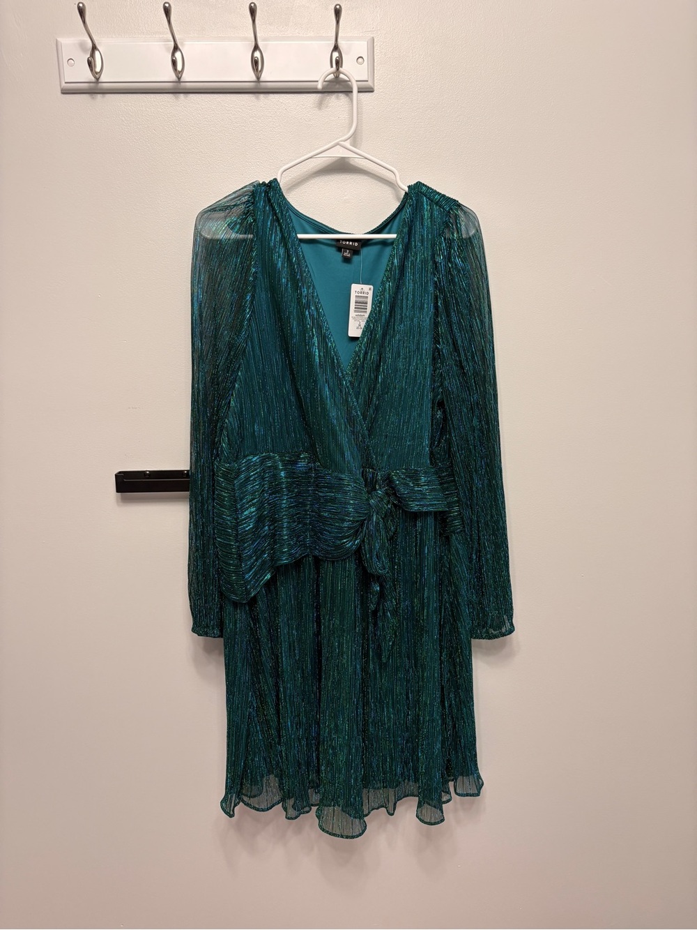 Torrid Metallic Teal Green Long Sleeve Wrap Dress with Tie